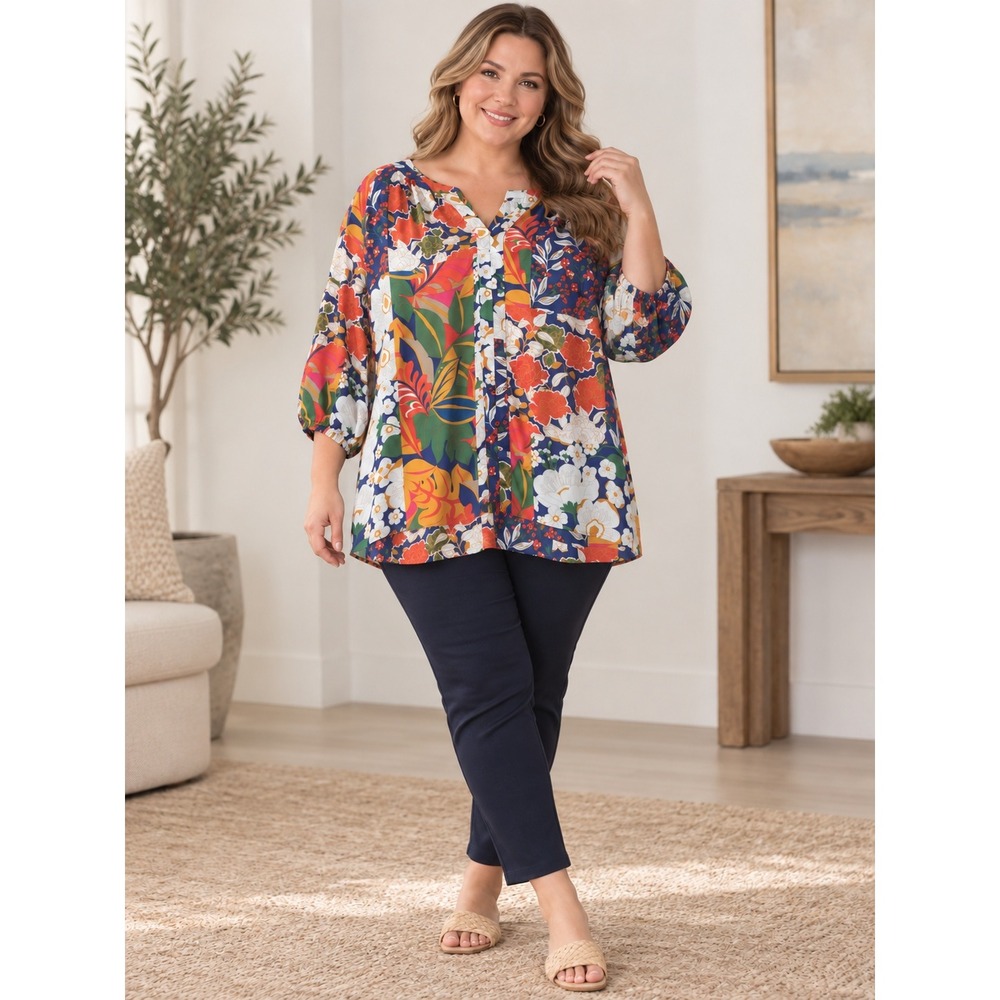 Rose + Olive Blouse Women 2X Multicolor Floral Patchwork Boho Balloon Sleeve Top